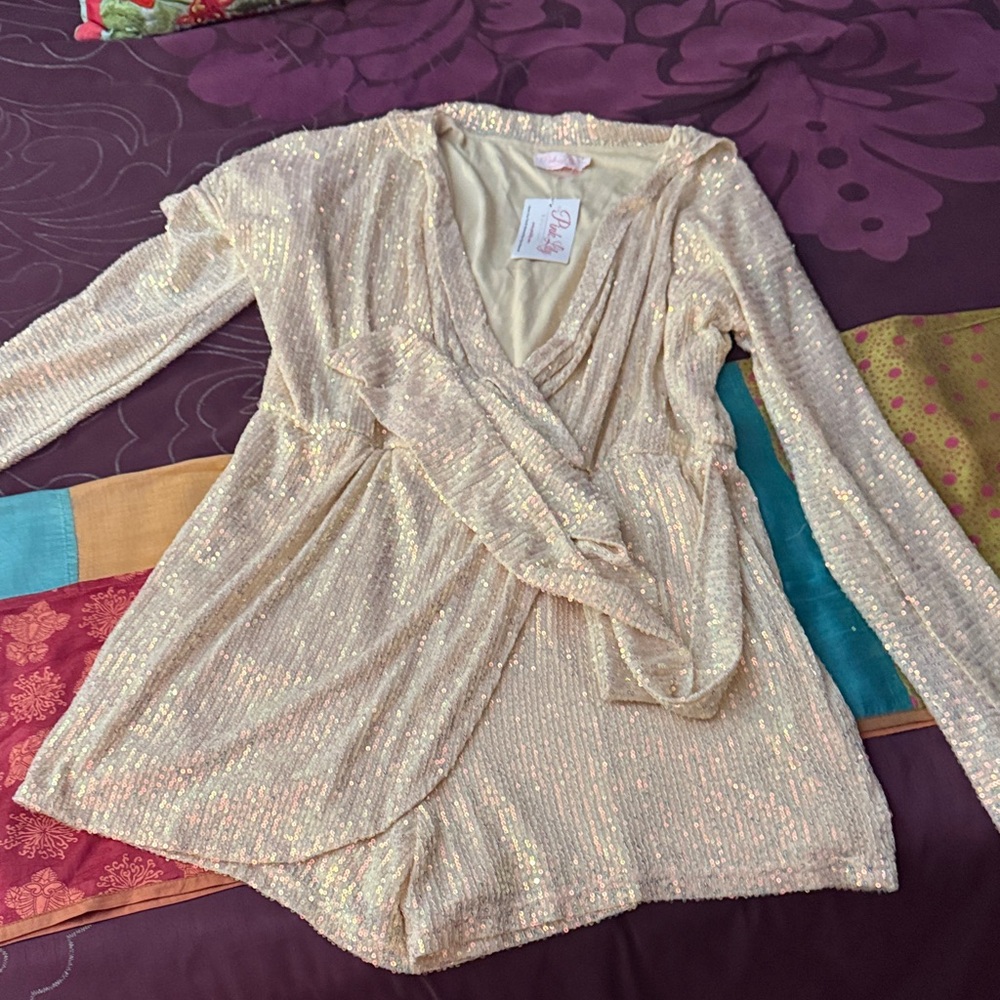 Pink Lily Gold Sequin Wrap Blouse